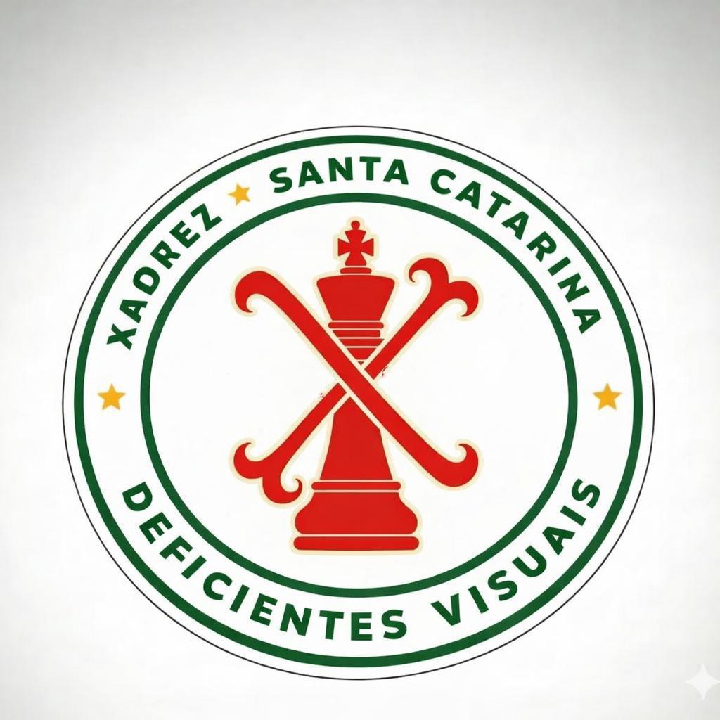 Logomarca circular com bordas verdes e fundo branco. No centro, há uma peça de xadrez rei, na cor vermelha. À frente da peça, aparece a letra “X” vermelha e estilizada. Na parte superior do círculo, está escrito “XADREZ” e “SANTA CATARINA”, ambos em letras verdes. Na parte inferior do círculo, consta o texto “DEFICIENTES VISUAIS”, também em letras verdes. Pequenas estrelas douradas em tom de amarelo separam os textos ao redor do círculo